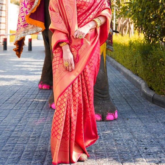JHEAPS HOT PINK GOLD HANDLOOM SOFT SILK KANJIVARAM WOVEN  SILK SAREE - Picture 6 of 7